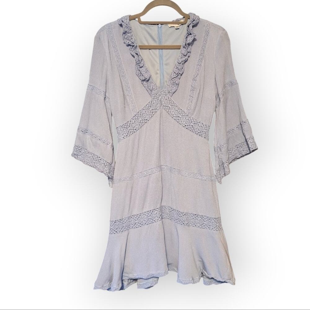Baltic Born Blue Mini Boho Romantic Fairy Dress Lace Trim Bell Sleeves Whimsical